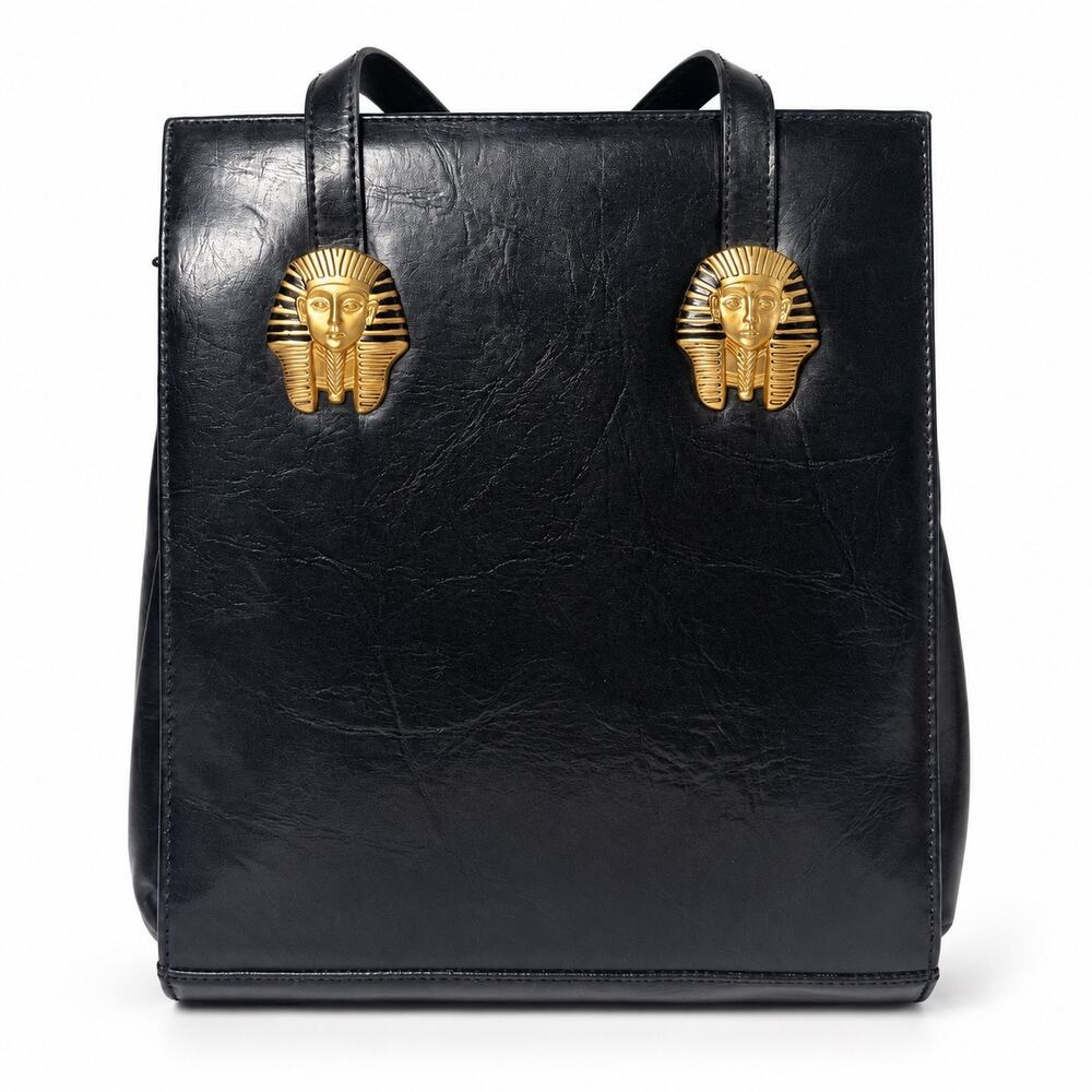 Vintage Egyptian Pharaoh Tote Bag Black Gold Hardware Womens Shoulder Purse 80s